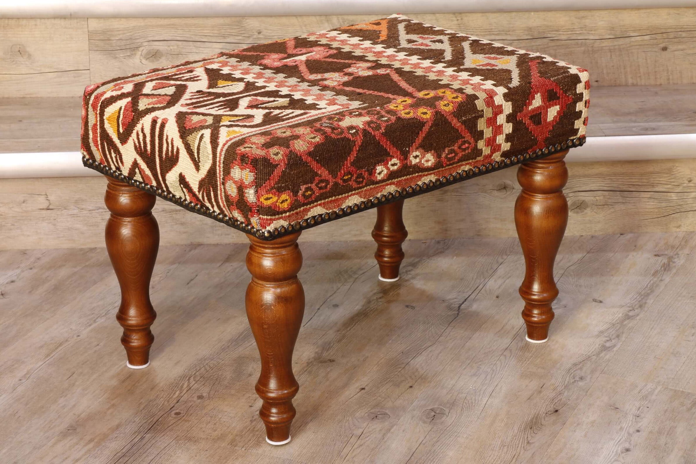 Turkish kilim covered stool in browns, cream and soft red colourings 51 x 36cm 1'8 x 1'2